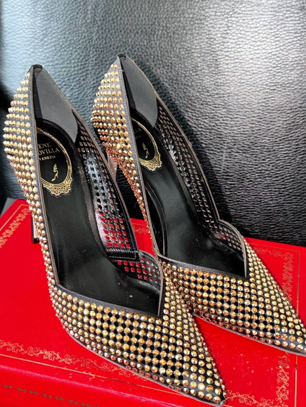 Rene Caovilla Black and Gold Crystal Pointed-Toe Pumps